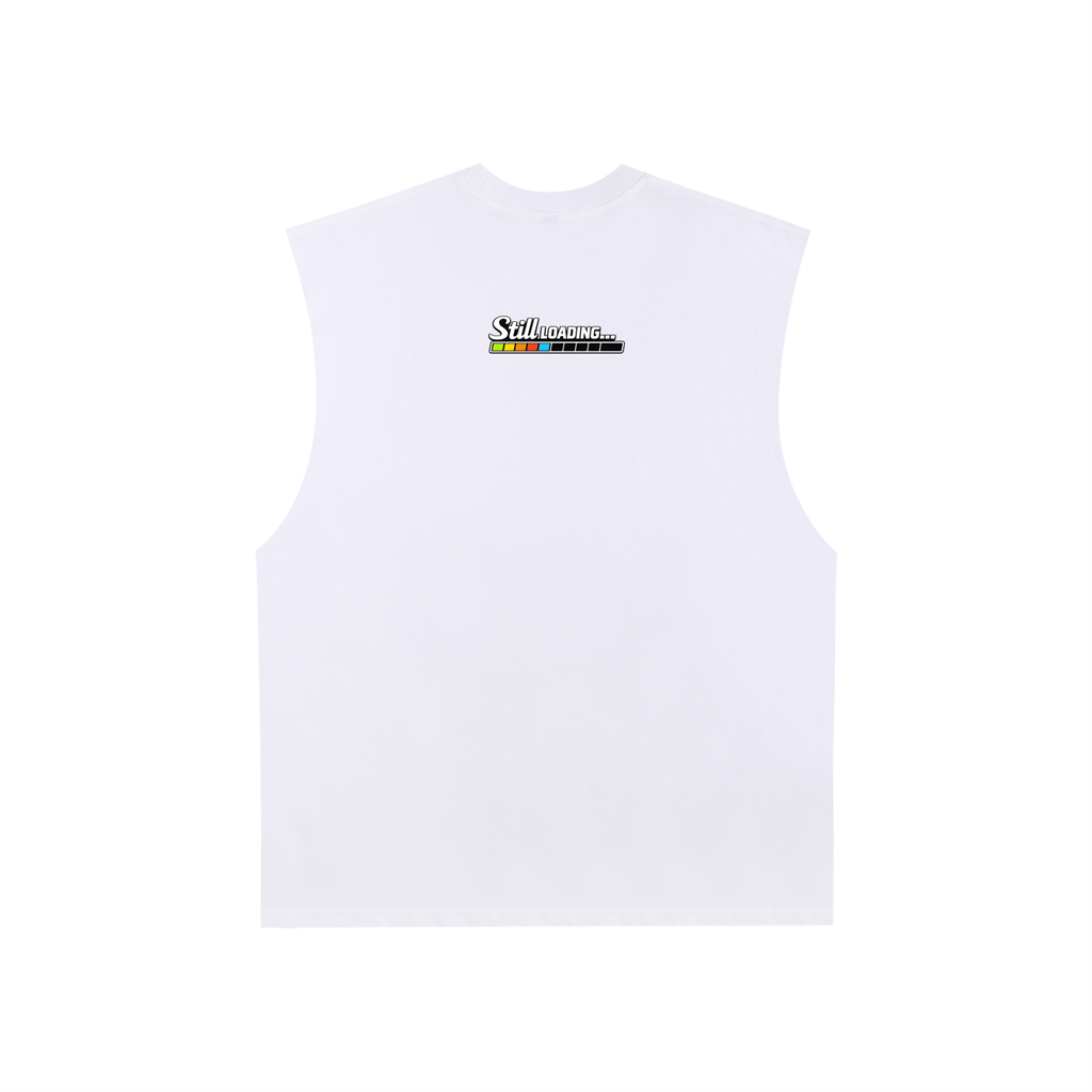 White sleeveless shirt with a brand logo on the back against a white background